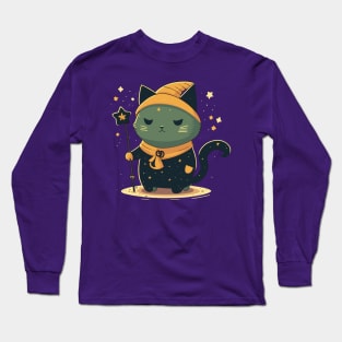 Magical Cat With Sorcerer's Staff Surrounded By Stars Long Sleeve T-Shirt